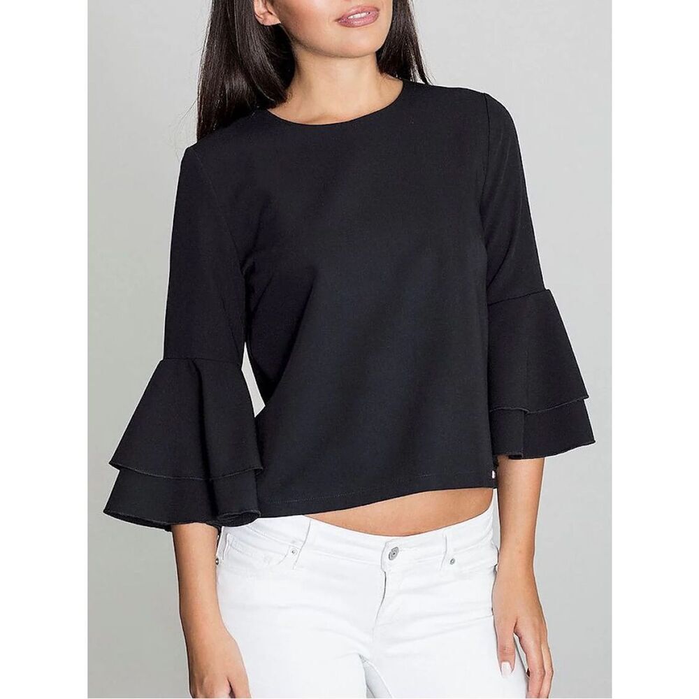 W5 Black Ruffled Bell Sleeves w/Zipper on Back - Semi-Crop Top - Size: Small